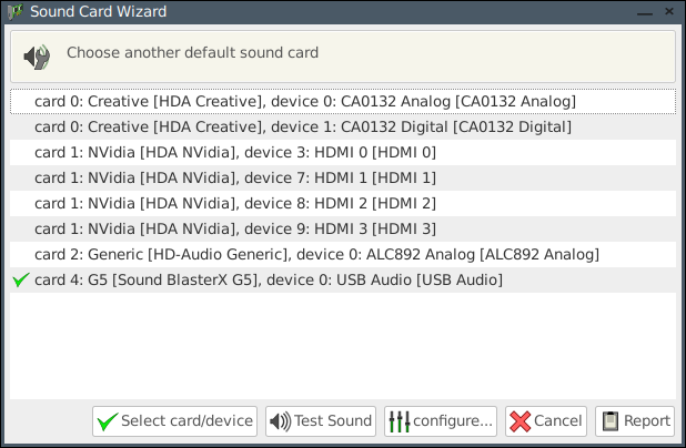 Sound card wizard Sound Blaster G5 is exterlan sound card. I need detect my AE-5 card in pc. Motherboard audio not used. Becouse my Windows also use that card then i wont my linux on same audio config.