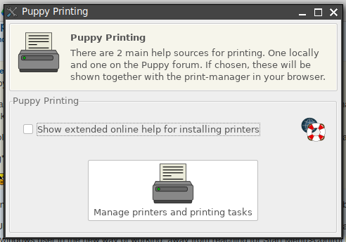 screenshot of CUPS Manage Printing menu entry